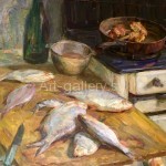 Fulidi DG 50x60 oil on canvas . " Still life with fresh fish and a gas oven " 1980 $ 1000